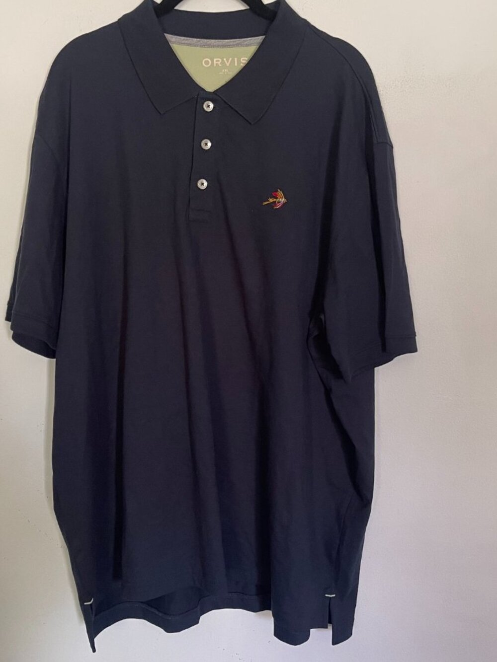 Orvis Men's XXL Fly Fishing  Navy Blue Polo Shirt Relaxed Oxford Short Sleeve T6